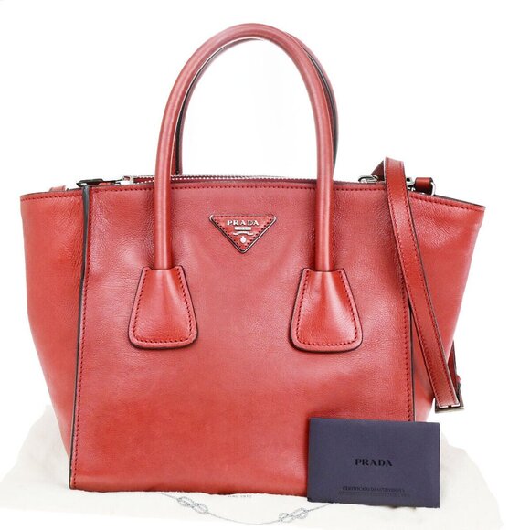 PRADA Logo 2Way Shoulder Hand Bag Glace Calf Leather Red Fuoco SHW Italy - Picture 1 of 14